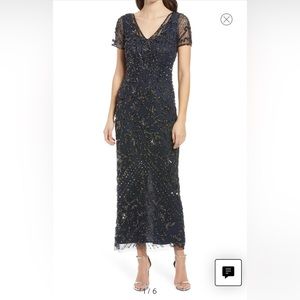 NWOT Pizarro Nights, Beaded Mesh Column Gown, Cosmic Navy